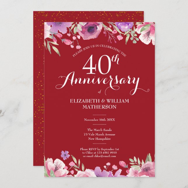 40th Ruby Wedding Anniversary Chic Country Floral Invitation (Front/Back)