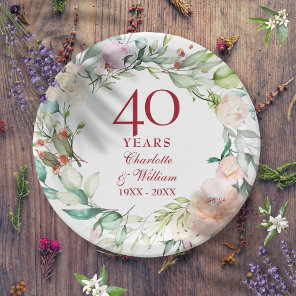 40th Ruby Wedding Anniversary Chic Roses Floral Paper Plates