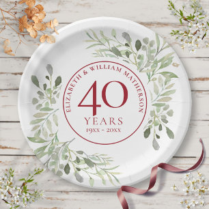 40th Ruby Wedding Anniversary Country Greenery Paper Plates