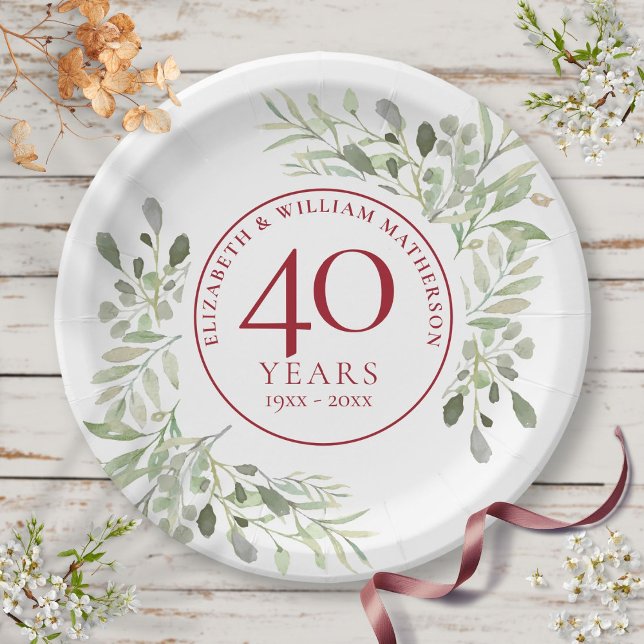 40th Ruby Wedding Anniversary Country Greenery  Paper Plates (40th Ruby Wedding Anniversary Country Greenery Paper Plates)