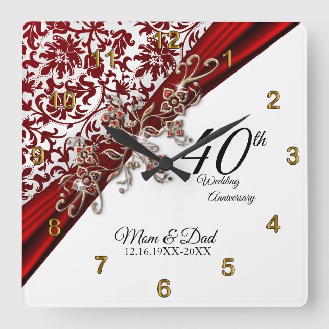 40th Ruby Wedding Anniversary Design Square Wall Clock (Front)