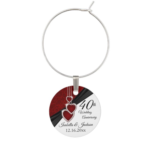 40th Ruby Wedding Anniversary Design Wine Glass Charm (Front)