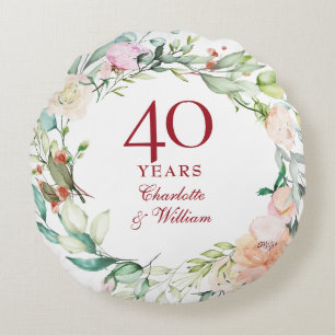40th Ruby Wedding Anniversary Elegant Floral Round Pillow
