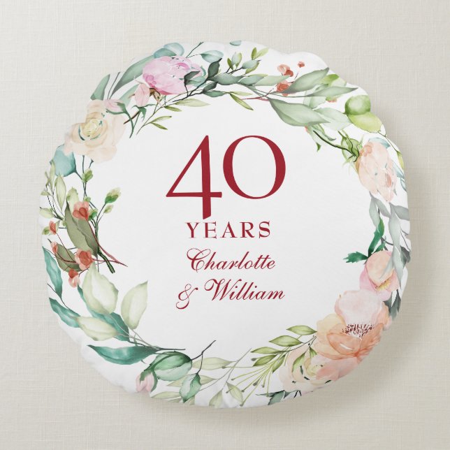40th Ruby Wedding Anniversary Elegant Floral Round Pillow (Front)
