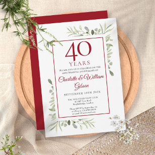 40th Ruby Wedding Anniversary Elegant Greenery  Invitation