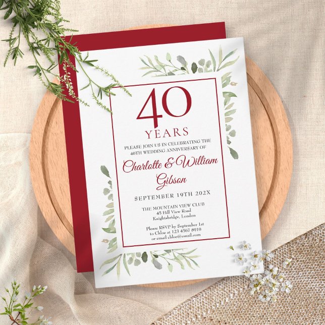 40th Ruby Wedding Anniversary Elegant Greenery  Invitation (Creator Uploaded)