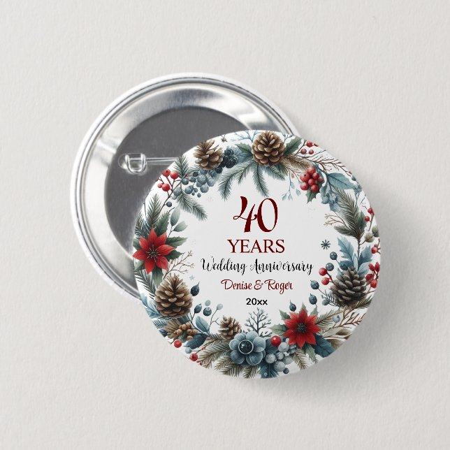40th Ruby Wedding Anniversary Elegant Winter Button (Front & Back)
