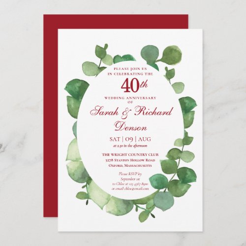 40th Ruby Wedding Anniversary Eucalyptus Greenery Invitation