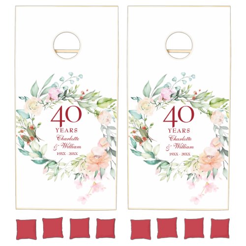 40th Ruby Wedding Anniversary Floral Garland Cornhole Set