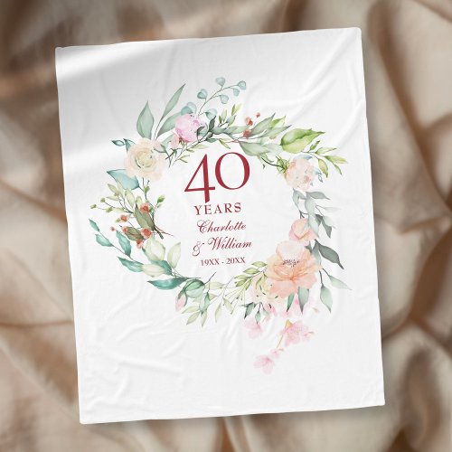 40th Ruby Wedding Anniversary Floral Garland Fleece Blanket