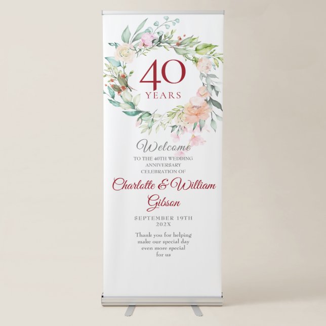 40th Ruby Wedding Anniversary Floral Welcome Retractable Banner (Front)