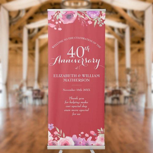 40th Ruby Wedding Anniversary Floral Welcome Retractable Banner