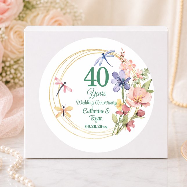 40th Ruby Wedding Anniversary Gold Frame Floral Classic Round Sticker (Creator Uploaded)