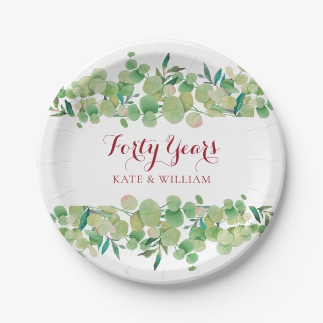 40th Ruby Wedding Anniversary Greenery Paper Plates (Front)
