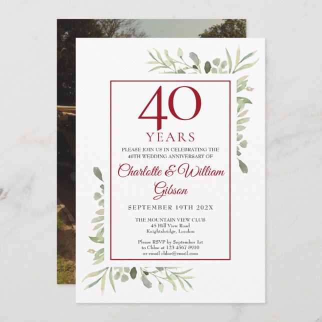 40th Ruby Wedding Anniversary Greenery Photo Invitation (Front/Back)