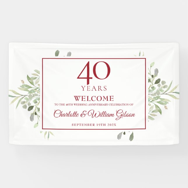 40th Ruby Wedding Anniversary Greenery Welcome Banner (Horizontal)