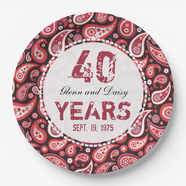 40th Ruby Wedding Anniversary Paisley Pattern Paper Plates (Front)