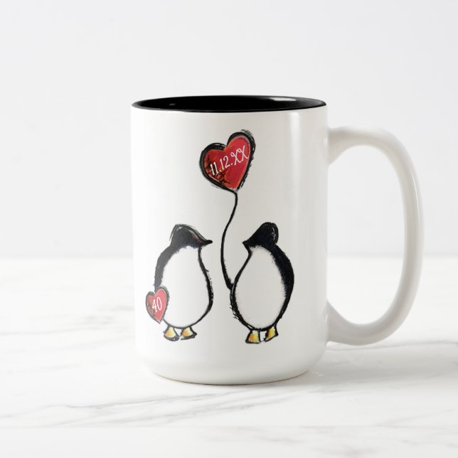 40th ruby wedding anniversary penguin Two-Tone coffee mug (Right)