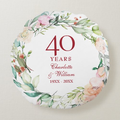 40th Ruby Wedding Anniversary Photo Country Floral Round Pillow