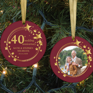 40th Ruby Wedding Anniversary Photo Gold Stars Ceramic Ornament