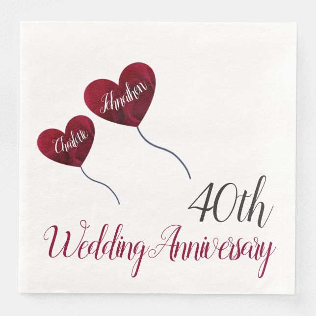 40th Ruby Wedding Anniversary red balloon Paper Dinner Napkins (Front)