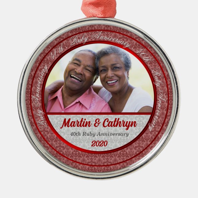 40th Ruby Wedding Anniversary Red Damask Photo Metal Ornament (Front)
