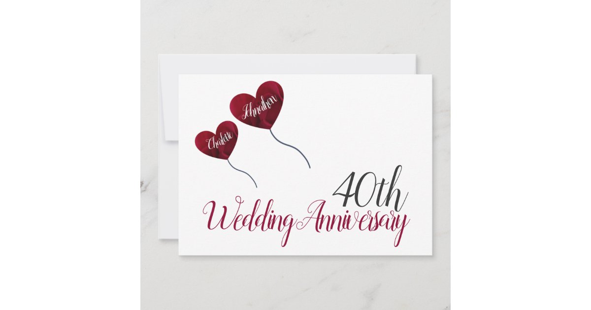 40th Ruby Wedding Anniversary red heart balloon Invitation | Zazzle