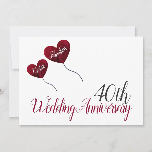 40th Ruby Wedding Anniversary red heart balloon Invitation | Zazzle