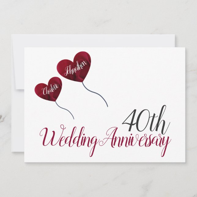40th Ruby Wedding Anniversary red heart balloon Invitation (Front)
