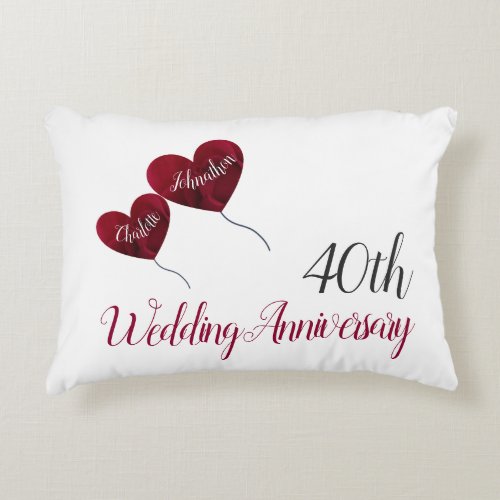 40th Ruby wedding anniversary red heart balloons Accent Pillow