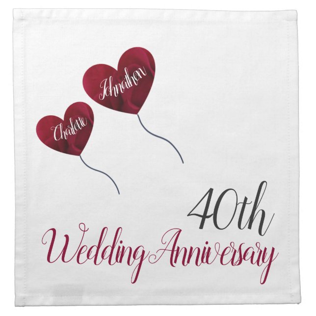 40th Ruby wedding anniversary red heart balloons Cloth Napkin (Front)