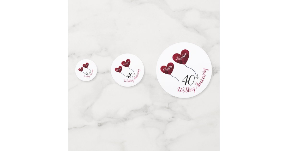 40th Ruby wedding anniversary red heart balloons Confetti | Zazzle