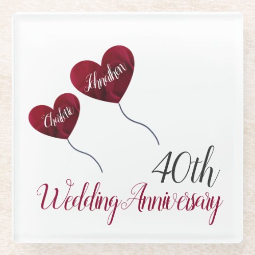 40th Ruby wedding anniversary red heart balloons Glass Coaster