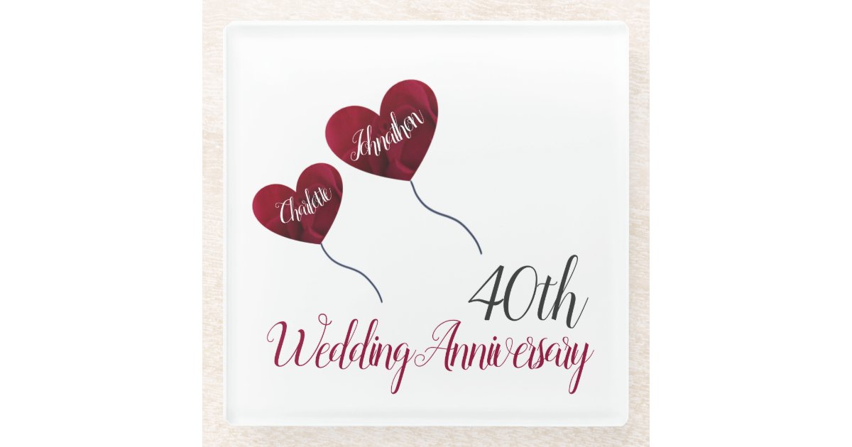 40th Ruby wedding anniversary red heart balloons Glass Coaster | Zazzle