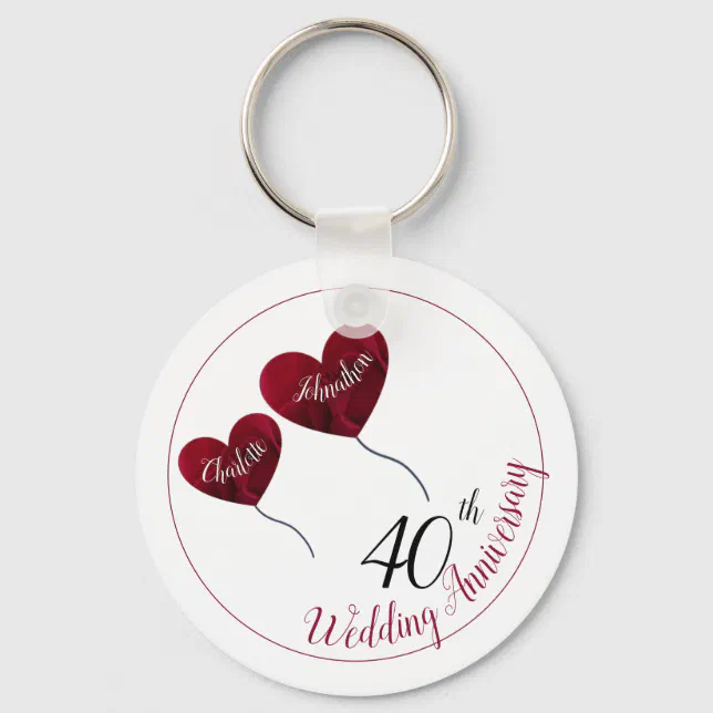 40th Ruby wedding anniversary red heart balloons Keychain | Zazzle