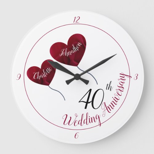 40th Ruby wedding anniversary red heart balloons Large Clock
