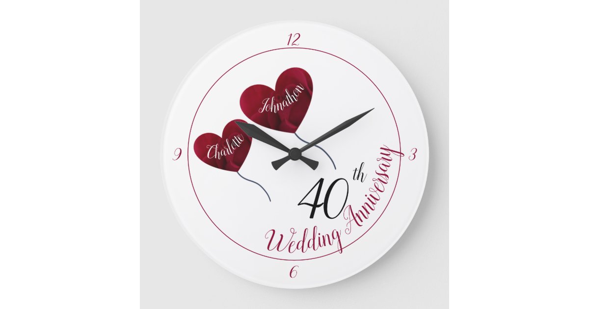 40th Ruby wedding anniversary red heart balloons Large Clock | Zazzle
