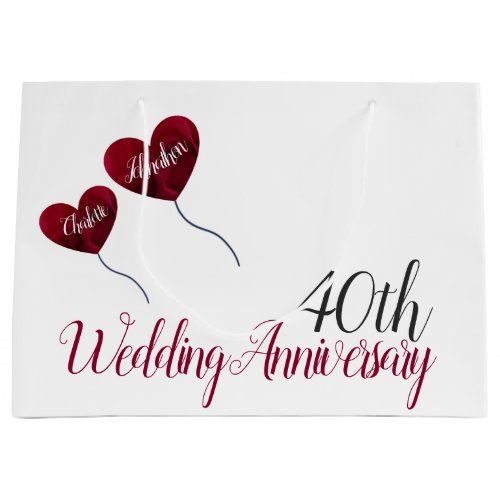 40th Ruby wedding anniversary red heart balloons Large Gift Bag