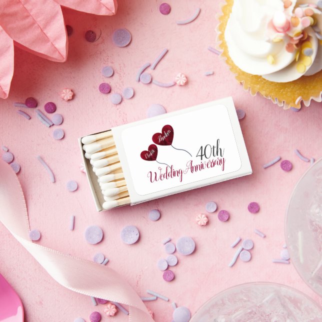 40th Ruby wedding anniversary red heart balloons Matchboxes (Insitu)