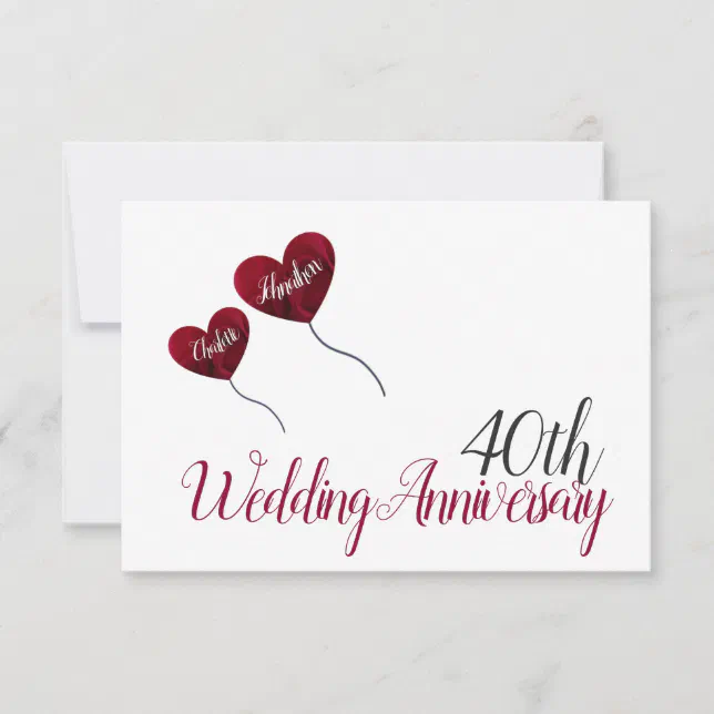 40th Ruby wedding anniversary red heart balloons RSVP Card | Zazzle