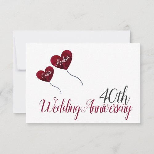 40th Ruby wedding anniversary red heart balloons RSVP Card