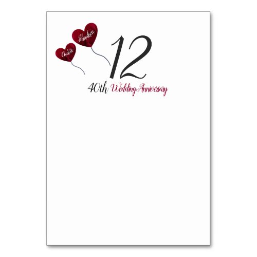 40th Ruby wedding anniversary red heart balloons Table Number