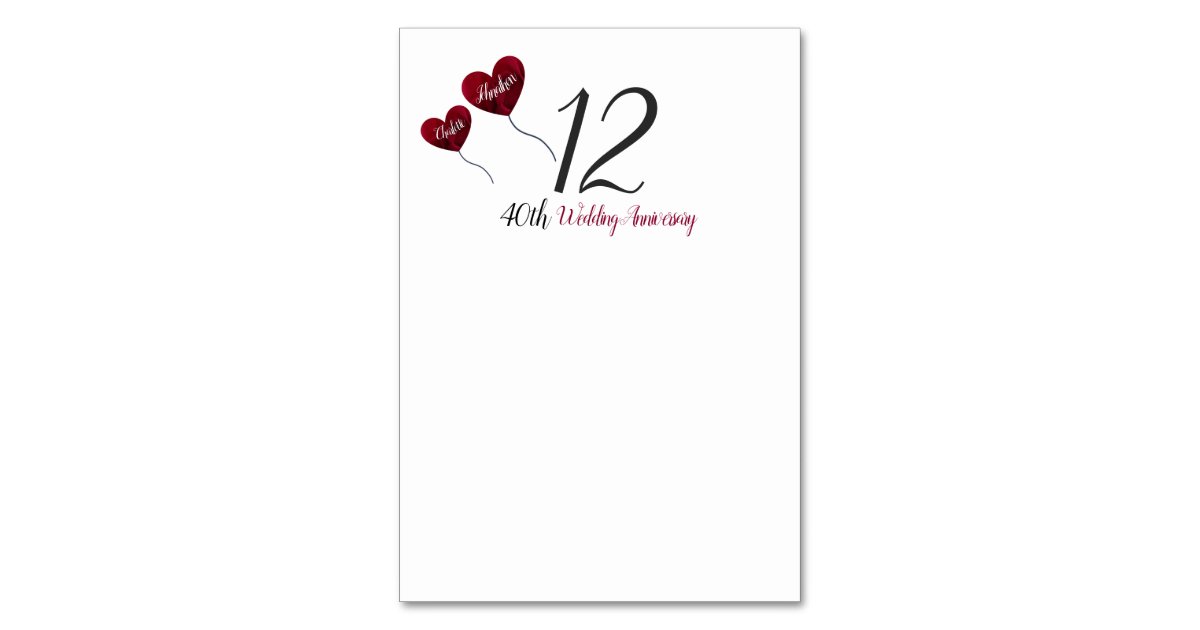 40th Ruby wedding anniversary red heart balloons Table Number | Zazzle