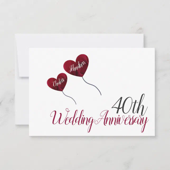 40th Ruby wedding anniversary red heart balloons Thank You Card | Zazzle
