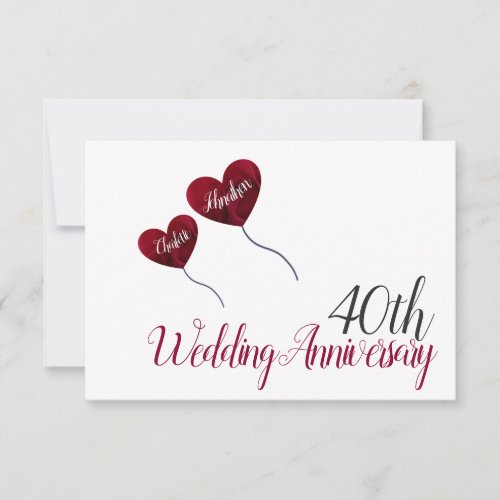 40th Ruby wedding anniversary red heart balloons Thank You Card