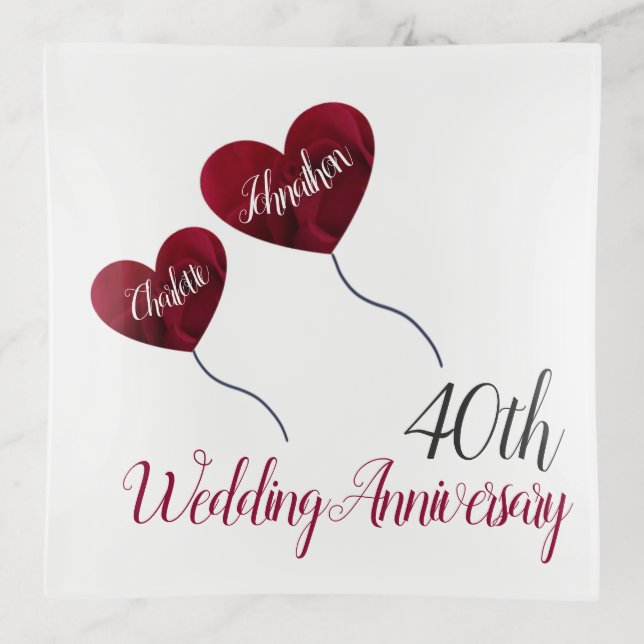40th Ruby wedding anniversary red heart balloons Trinket Tray (Front)