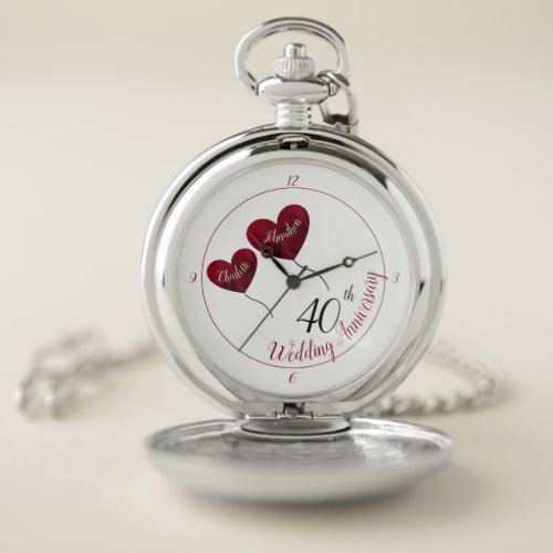 40th Ruby wedding anniversary red heart balloons W Pocket Watch