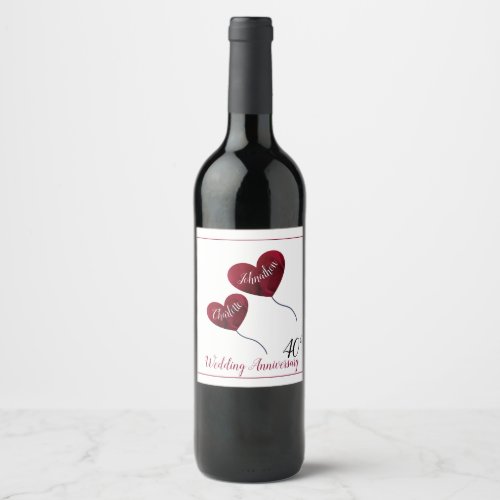 40th Ruby wedding anniversary red heart balloons Wine Label