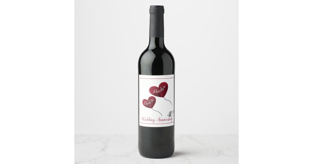 40th Ruby wedding anniversary red heart balloons Wine Label | Zazzle