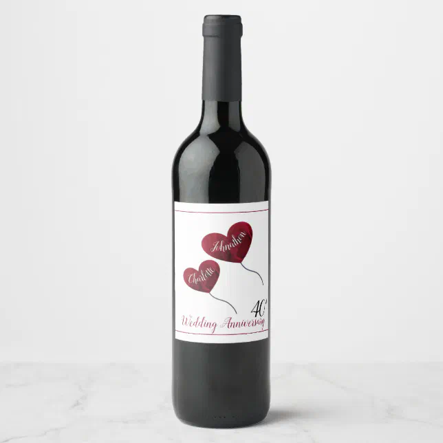 40th Ruby wedding anniversary red heart balloons Wine Label | Zazzle